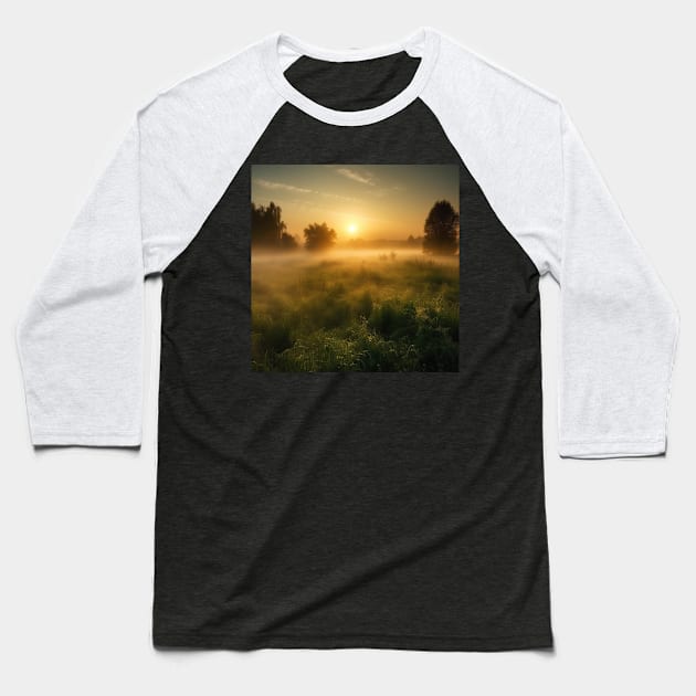 Sunrise over a green meadow fog rises in the summer Baseball T-Shirt by Andrew World